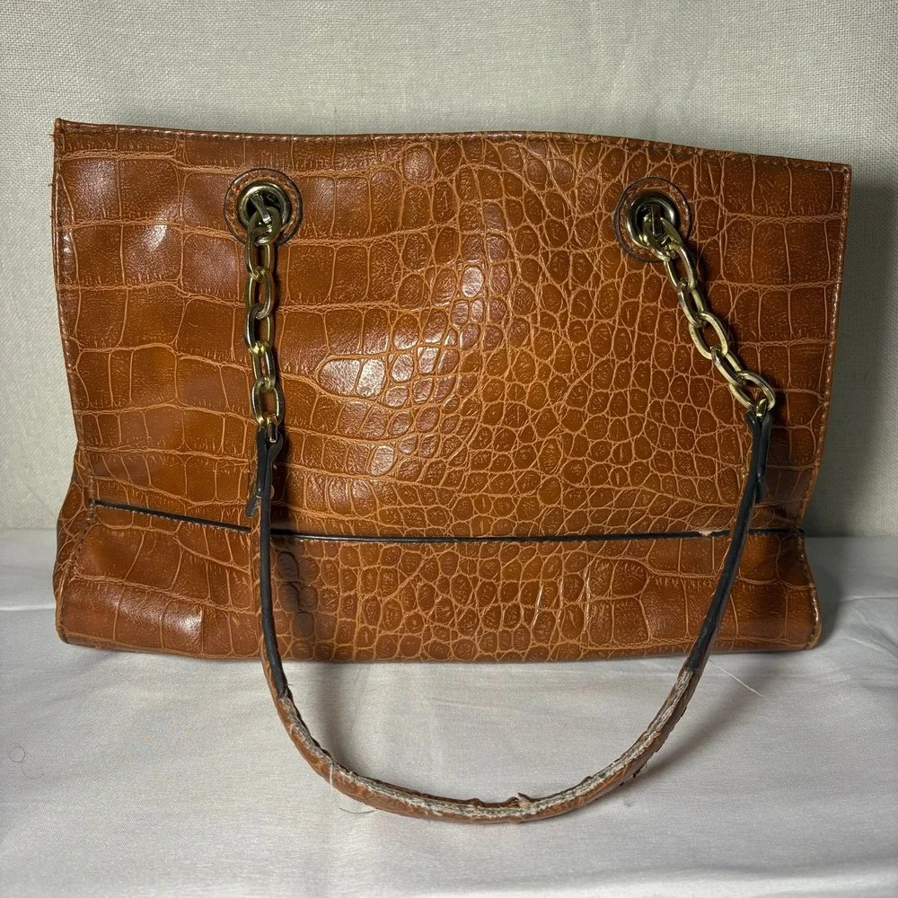 Anne Klein Cognac Brown Croc Embossed Tote‎ Bag Gold Chain Zebra Print Lining